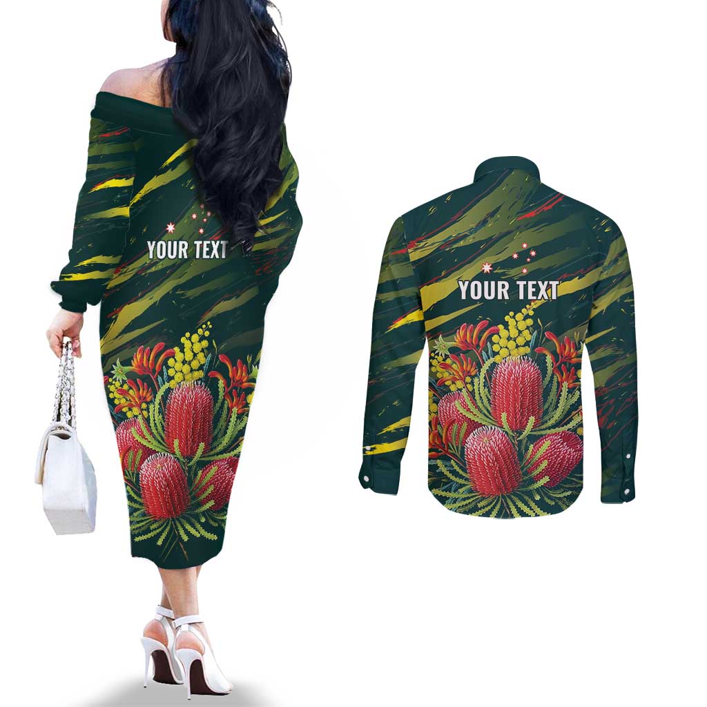 Australian Native Flower Personalised Couples Matching Off The Shoulder Long Sleeve Dress and Long Sleeve Button Shirt Banksia Nature’s Wild Flame - Aussie Hoodie