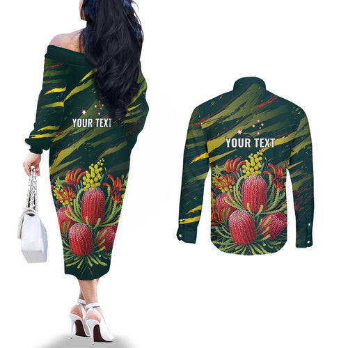 Australian Native Flower Personalised Couples Matching Off The Shoulder Long Sleeve Dress and Long Sleeve Button Shirt Banksia Nature’s Wild Flame - Aussie Hoodie