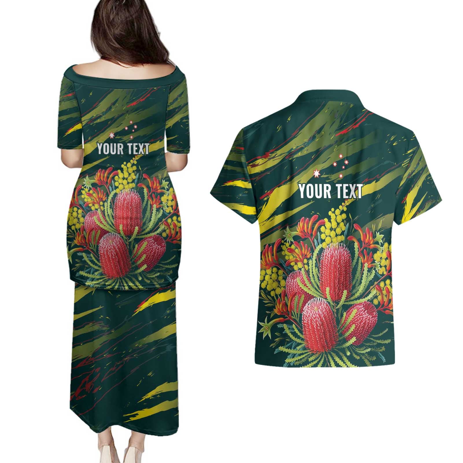 Australian Native Flower Personalised Couples Matching Puletasi and Hawaiian Shirt Banksia Nature’s Wild Flame - Aussie Hoodie