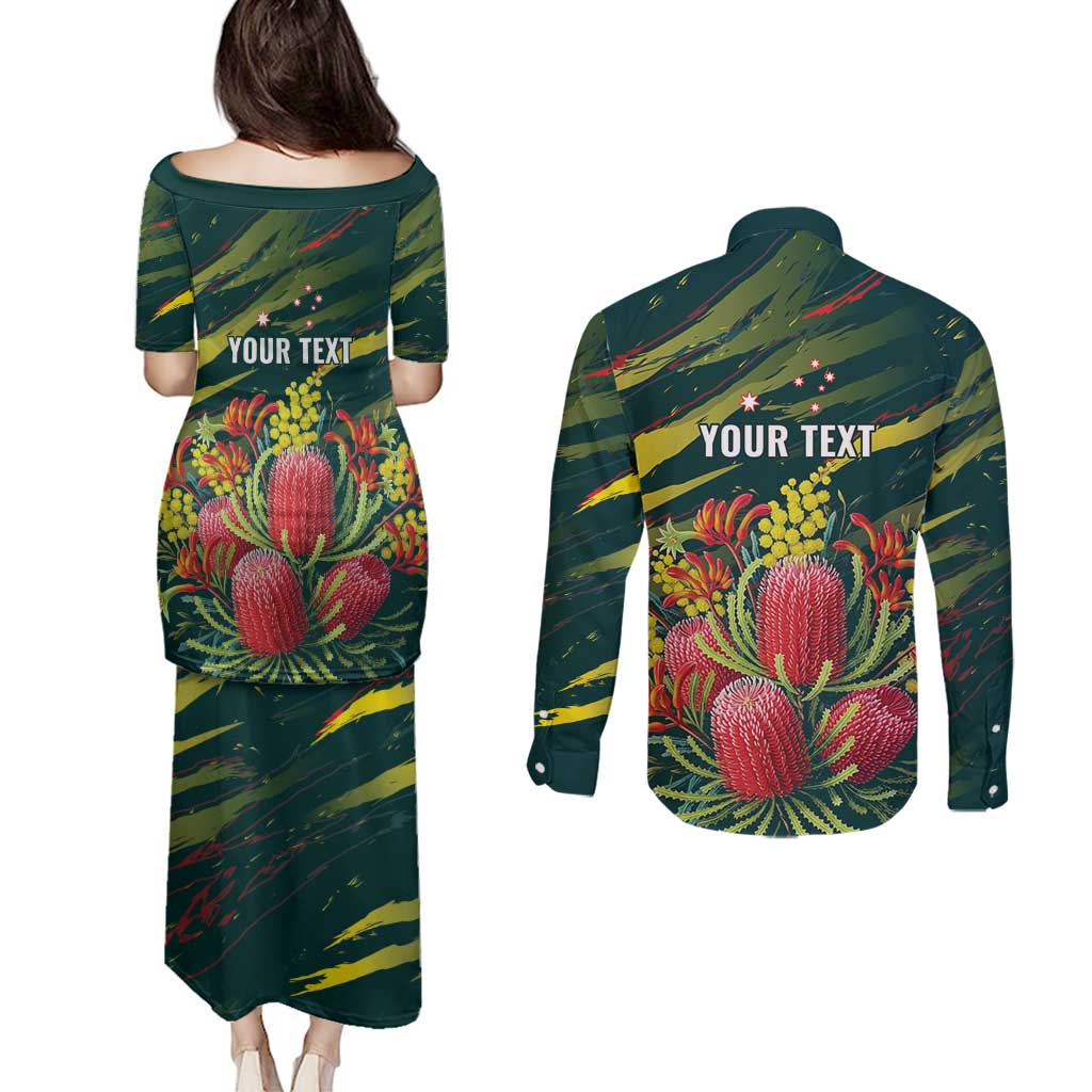 Australian Native Flower Personalised Couples Matching Puletasi and Long Sleeve Button Shirt Banksia Nature’s Wild Flame - Aussie Hoodie