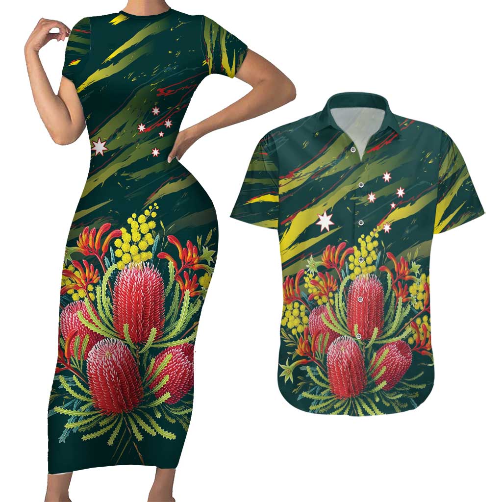 Australian Native Flower Personalised Couples Matching Short Sleeve Bodycon Dress and Hawaiian Shirt Banksia Nature’s Wild Flame - Aussie Hoodie