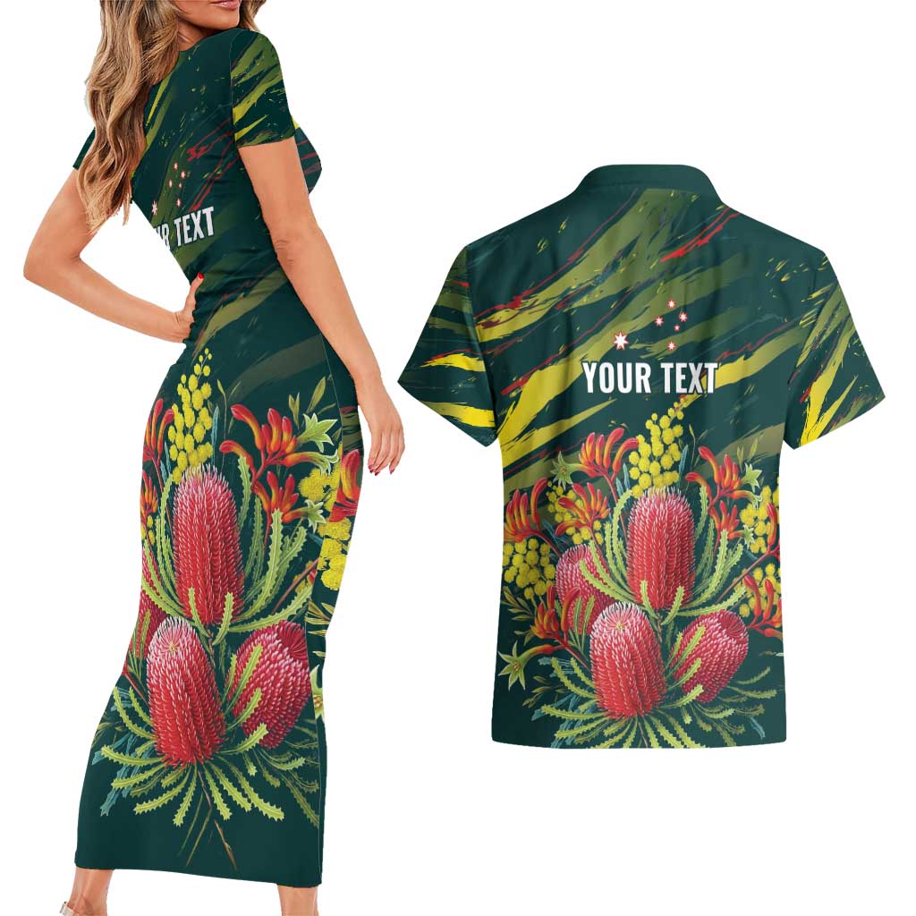 Australian Native Flower Personalised Couples Matching Short Sleeve Bodycon Dress and Hawaiian Shirt Banksia Nature’s Wild Flame - Aussie Hoodie
