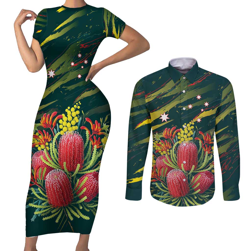 Australian Native Flower Personalised Couples Matching Short Sleeve Bodycon Dress and Long Sleeve Button Shirt Banksia Nature’s Wild Flame - Aussie Hoodie
