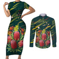 Australian Native Flower Personalised Couples Matching Short Sleeve Bodycon Dress and Long Sleeve Button Shirt Banksia Nature’s Wild Flame - Aussie Hoodie