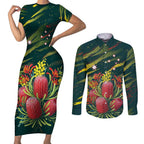 Australian Native Flower Personalised Couples Matching Short Sleeve Bodycon Dress and Long Sleeve Button Shirt Banksia Nature’s Wild Flame - Aussie Hoodie