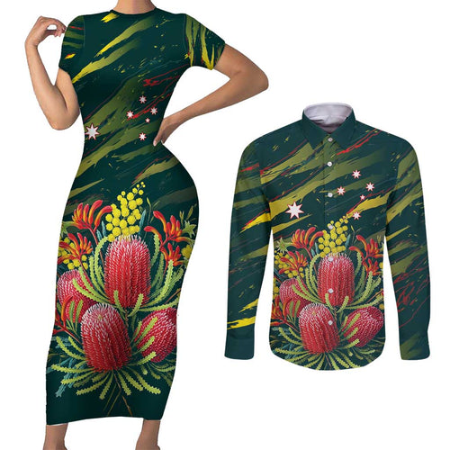 Australian Native Flower Personalised Couples Matching Short Sleeve Bodycon Dress and Long Sleeve Button Shirt Banksia Nature’s Wild Flame - Aussie Hoodie