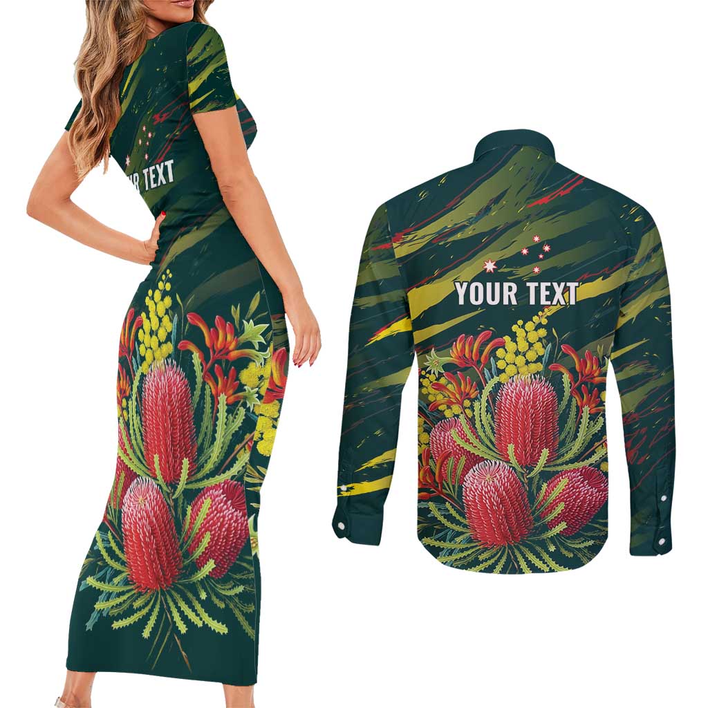 Australian Native Flower Personalised Couples Matching Short Sleeve Bodycon Dress and Long Sleeve Button Shirt Banksia Nature’s Wild Flame - Aussie Hoodie