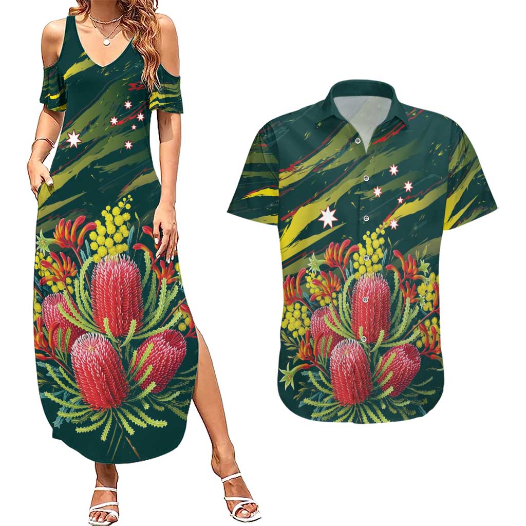 Australian Native Flower Personalised Couples Matching Summer Maxi Dress and Hawaiian Shirt Banksia Nature’s Wild Flame - Aussie Hoodie