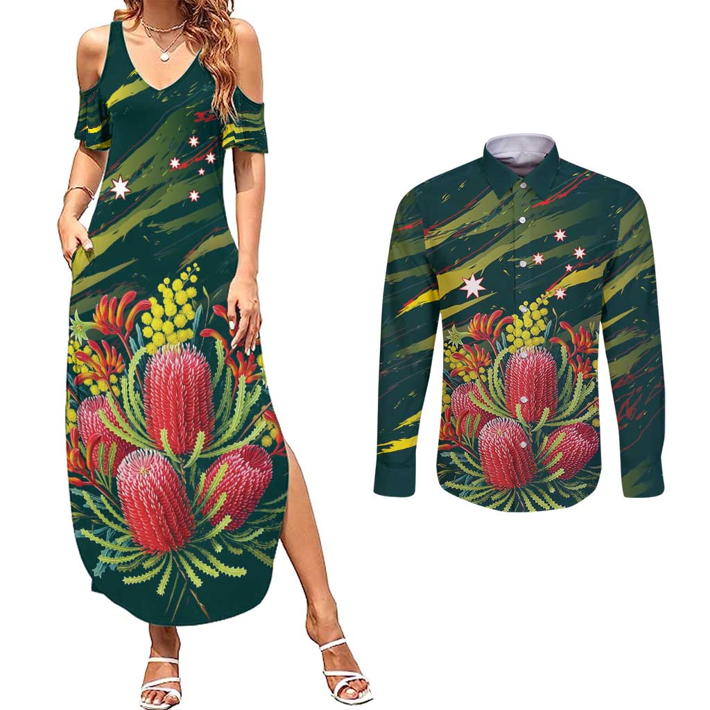 Australian Native Flower Personalised Couples Matching Summer Maxi Dress and Long Sleeve Button Shirt Banksia Nature’s Wild Flame - Aussie Hoodie