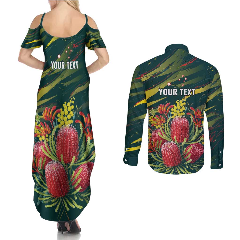 Australian Native Flower Personalised Couples Matching Summer Maxi Dress and Long Sleeve Button Shirt Banksia Nature’s Wild Flame - Aussie Hoodie