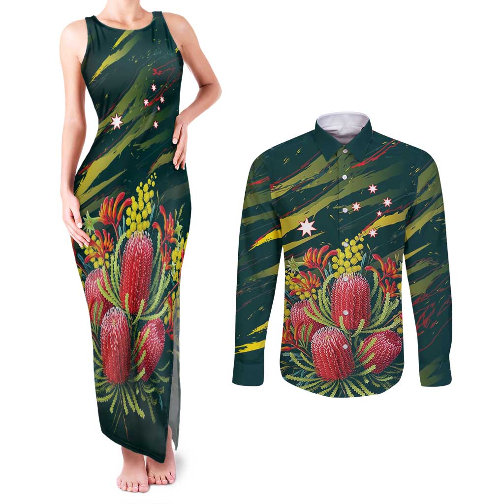 Australian Native Flower Personalised Couples Matching Tank Maxi Dress and Long Sleeve Button Shirt Banksia Nature’s Wild Flame - Aussie Hoodie