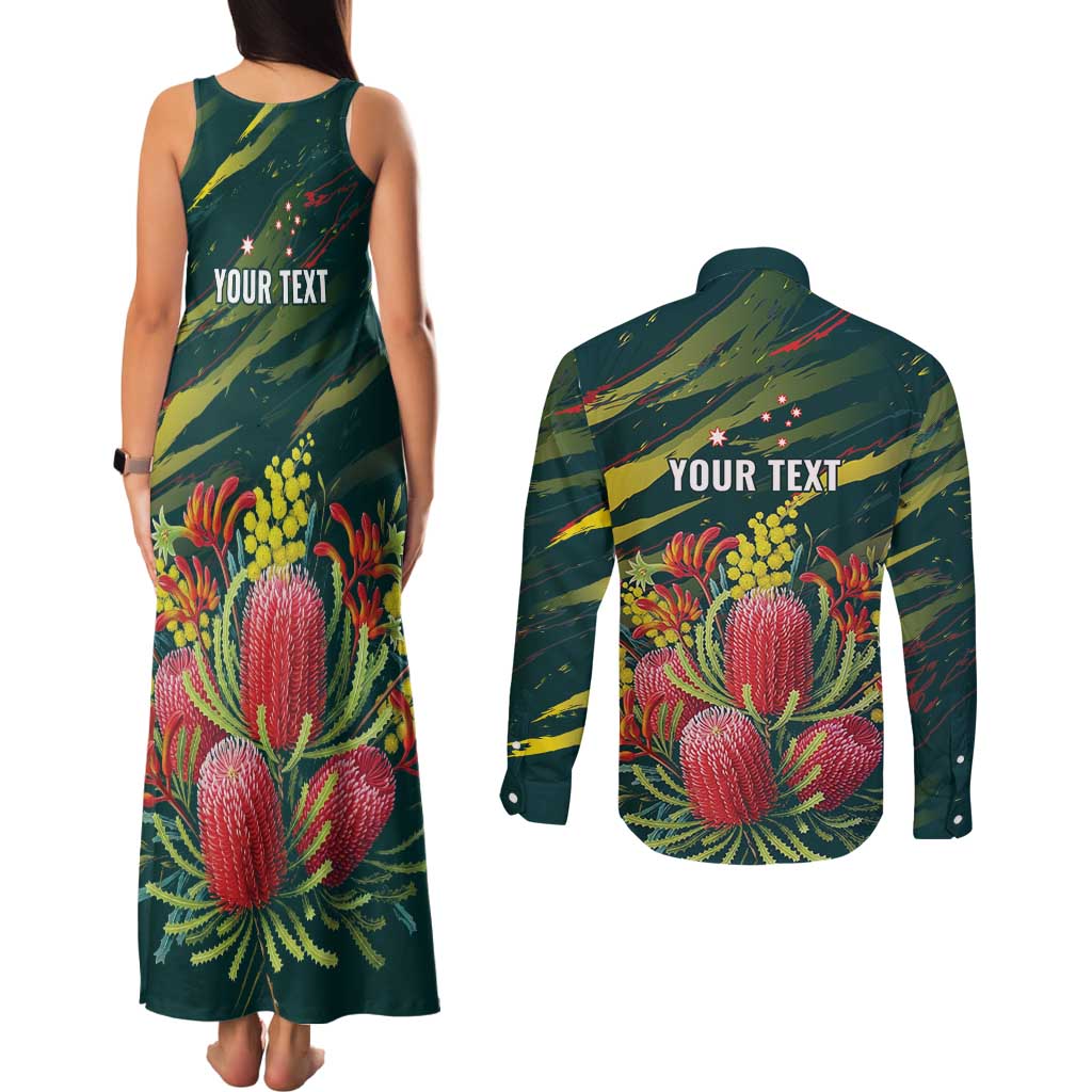 Australian Native Flower Personalised Couples Matching Tank Maxi Dress and Long Sleeve Button Shirt Banksia Nature’s Wild Flame - Aussie Hoodie