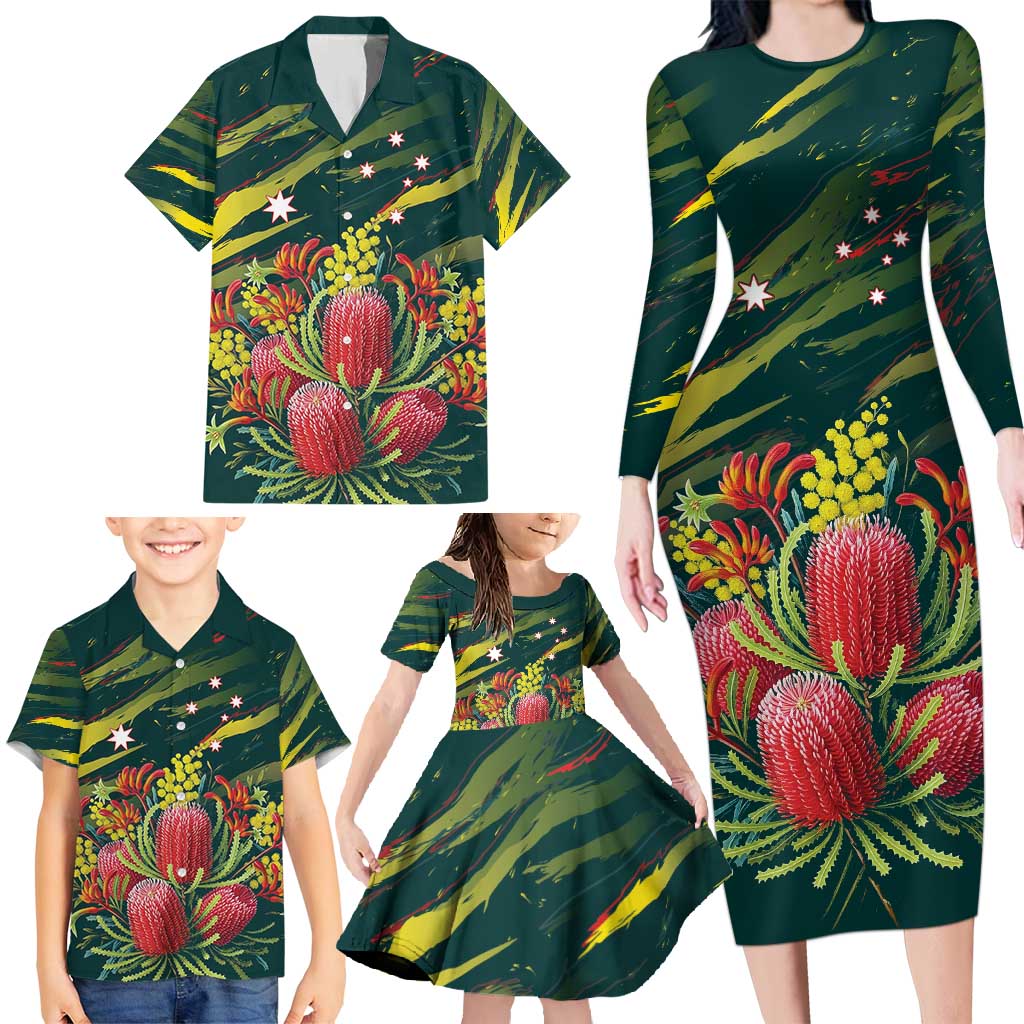 Australian Native Flower Personalised Family Matching Long Sleeve Bodycon Dress and Hawaiian Shirt Banksia Nature’s Wild Flame - Aussie Hoodie