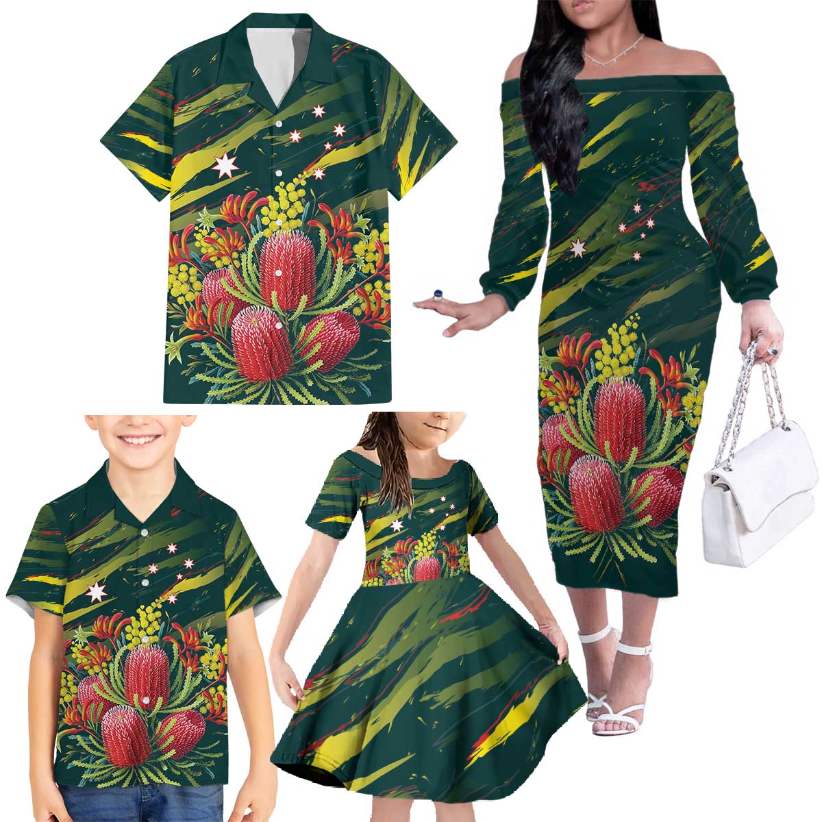 Australian Native Flower Personalised Family Matching Off The Shoulder Long Sleeve Dress and Hawaiian Shirt Banksia Nature’s Wild Flame - Aussie Hoodie