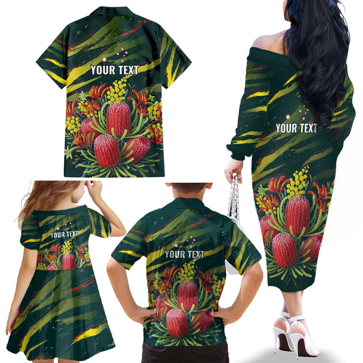 Australian Native Flower Personalised Family Matching Off The Shoulder Long Sleeve Dress and Hawaiian Shirt Banksia Nature’s Wild Flame - Aussie Hoodie