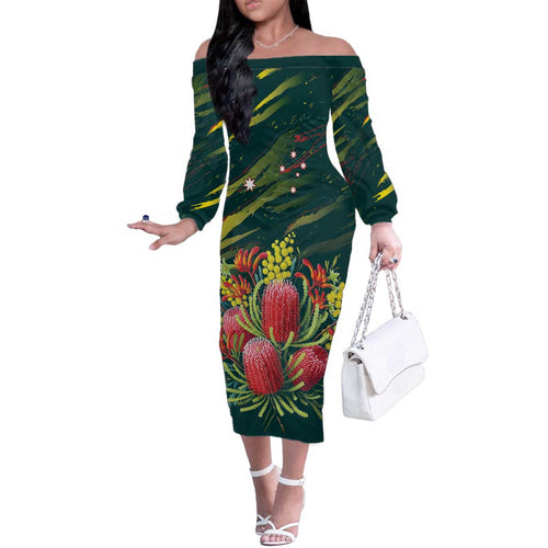 Australian Native Flower Personalised Family Matching Off The Shoulder Long Sleeve Dress and Hawaiian Shirt Banksia Nature’s Wild Flame - Aussie Hoodie
