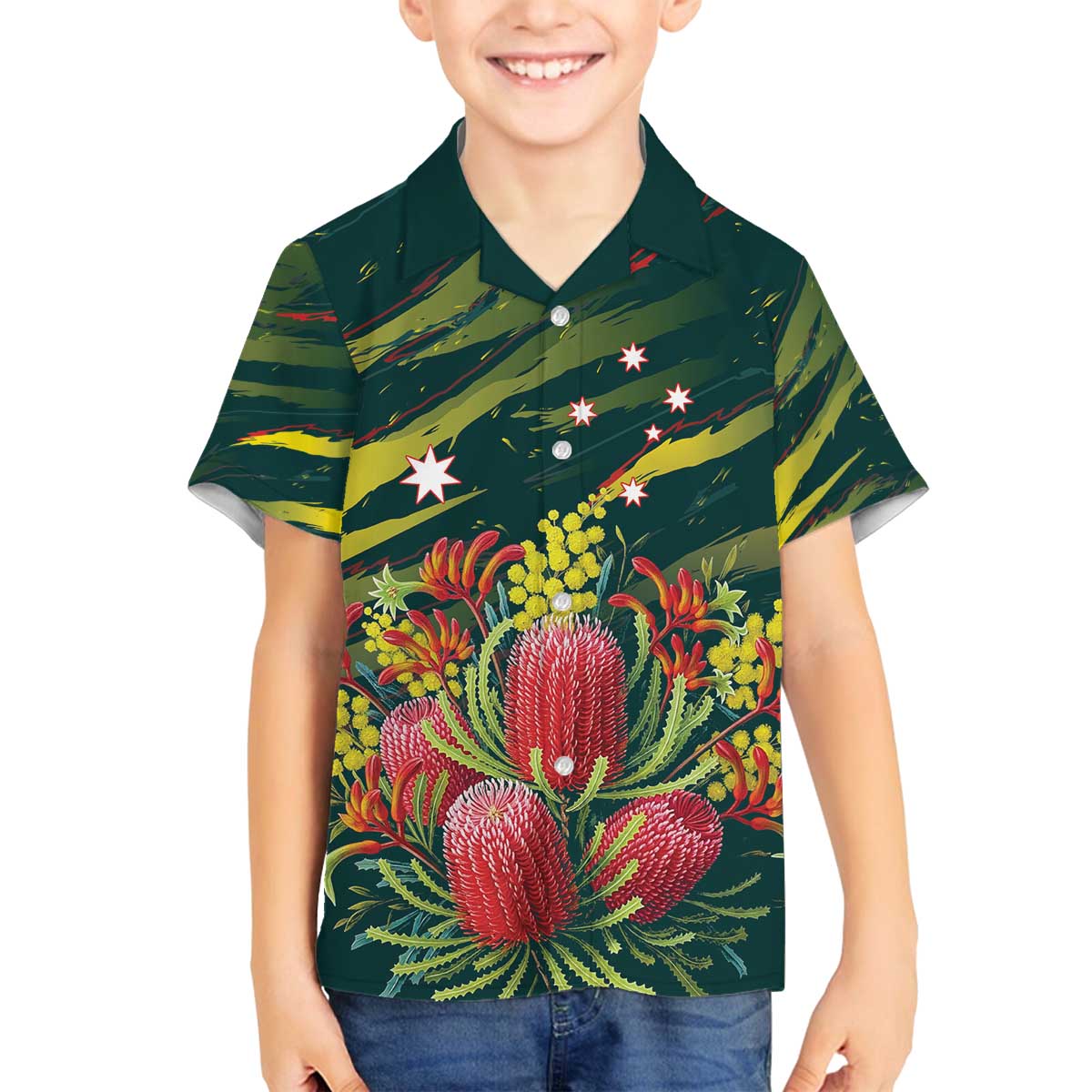 Australian Native Flower Personalised Family Matching Off The Shoulder Long Sleeve Dress and Hawaiian Shirt Banksia Nature’s Wild Flame - Aussie Hoodie