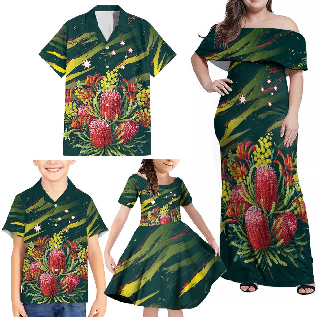 Australian Native Flower Personalised Family Matching Off Shoulder Maxi Dress and Hawaiian Shirt Banksia Nature’s Wild Flame - Aussie Hoodie