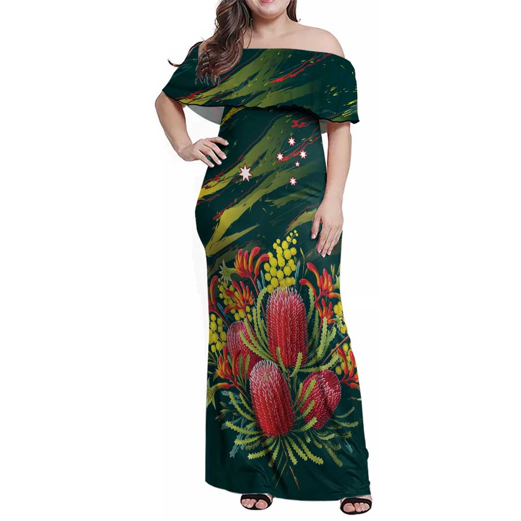 Australian Native Flower Personalised Family Matching Off Shoulder Maxi Dress and Hawaiian Shirt Banksia Nature’s Wild Flame - Aussie Hoodie