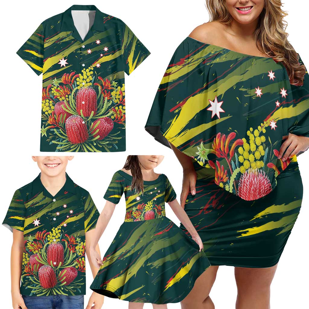 Australian Native Flower Personalised Family Matching Off Shoulder Short Dress and Hawaiian Shirt Banksia Nature’s Wild Flame - Aussie Hoodie