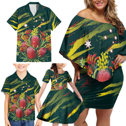 Australian Native Flower Personalised Family Matching Off Shoulder Short Dress and Hawaiian Shirt Banksia Nature’s Wild Flame - Aussie Hoodie