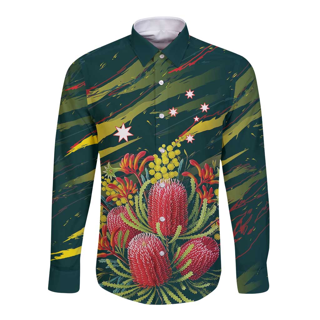 Australian Native Flower Personalised Long Sleeve Button Shirt Banksia Nature’s Wild Flame - Aussie Hoodie