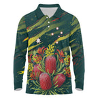 Australian Native Flower Personalised Long Sleeve Polo Shirt Banksia Nature’s Wild Flame - Aussie Hoodie