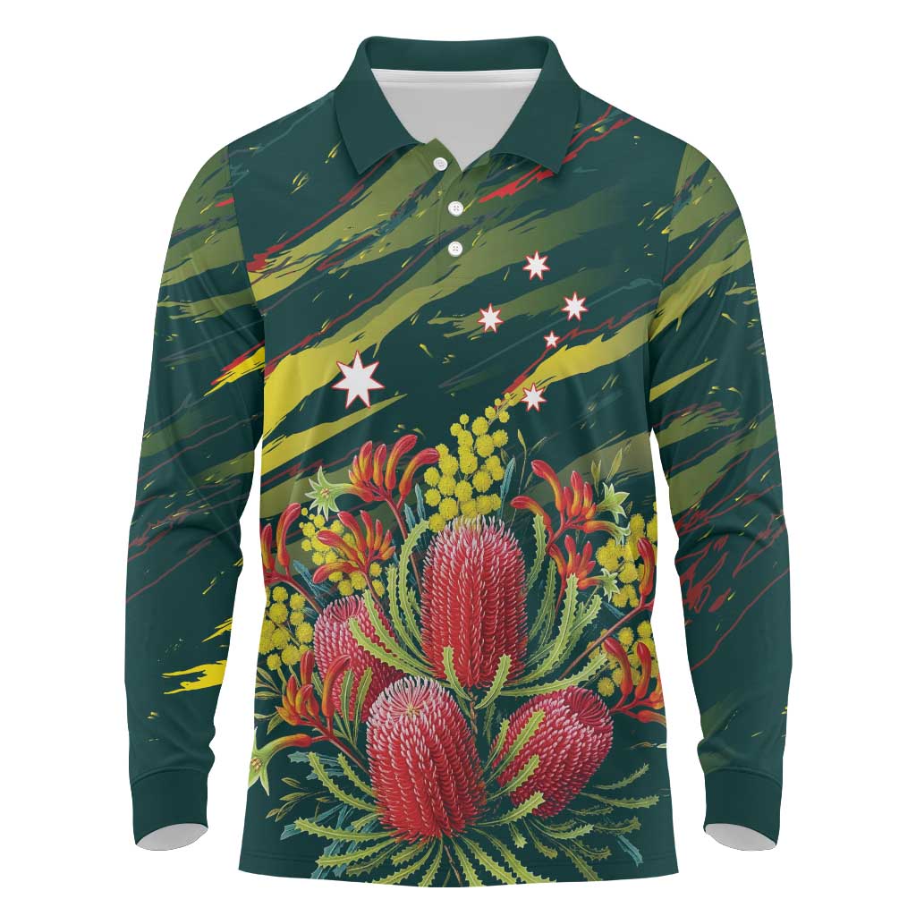 Australian Native Flower Personalised Long Sleeve Polo Shirt Banksia Nature’s Wild Flame - Aussie Hoodie
