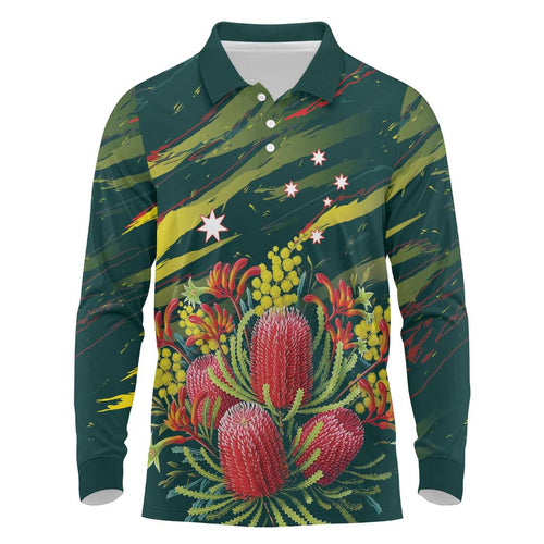Australian Native Flower Personalised Long Sleeve Polo Shirt Banksia Nature’s Wild Flame - Aussie Hoodie