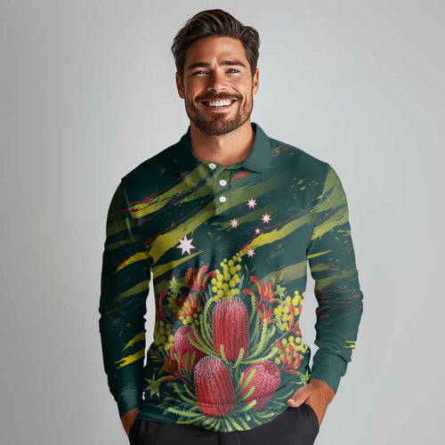 Australian Native Flower Personalised Long Sleeve Polo Shirt Banksia Nature’s Wild Flame - Aussie Hoodie
