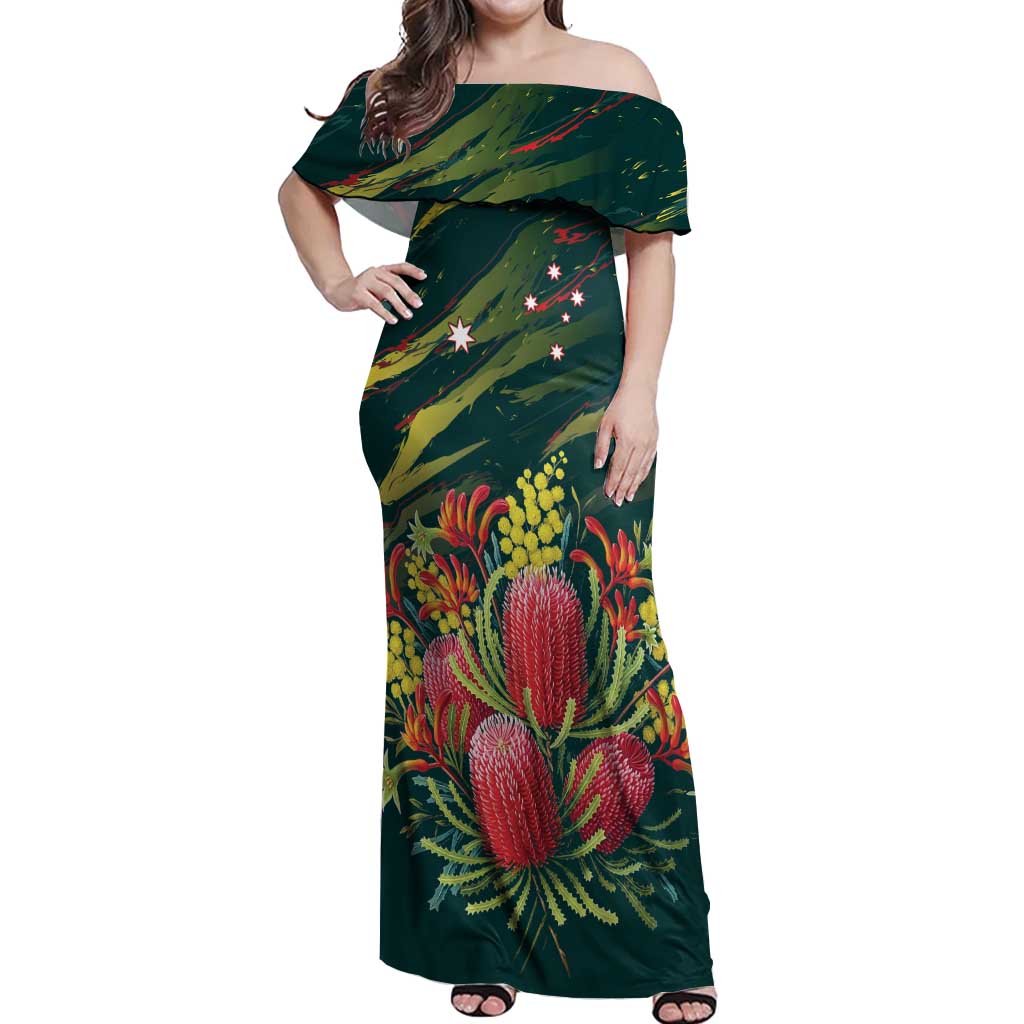 Australian Native Flower Personalised Off Shoulder Maxi Dress Banksia Nature’s Wild Flame - Aussie Hoodie