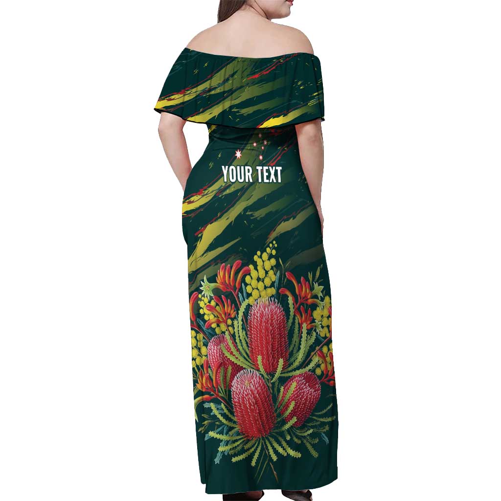 Australian Native Flower Personalised Off Shoulder Maxi Dress Banksia Nature’s Wild Flame - Aussie Hoodie