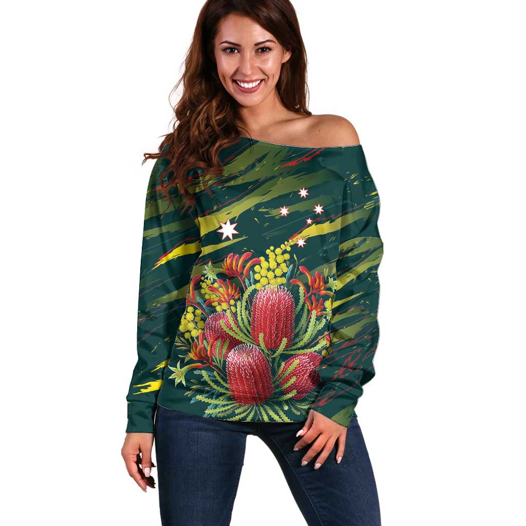 Australian Native Flower Personalised Off Shoulder Sweater Banksia Nature’s Wild Flame - Aussie Hoodie