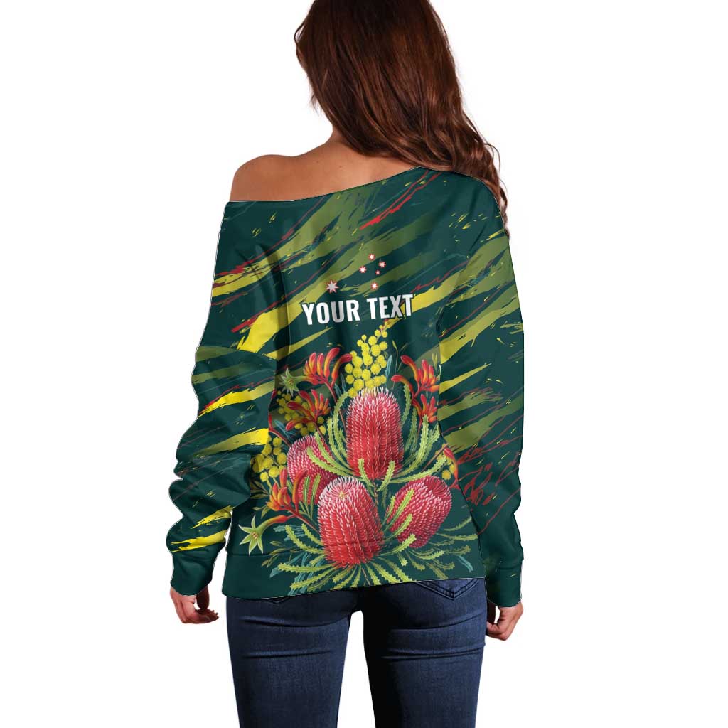 Australian Native Flower Personalised Off Shoulder Sweater Banksia Nature’s Wild Flame - Aussie Hoodie