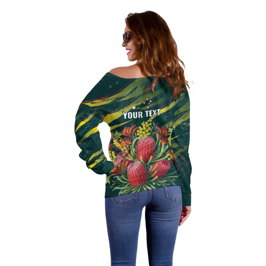 Australian Native Flower Personalised Off Shoulder Sweater Banksia Nature’s Wild Flame - Aussie Hoodie
