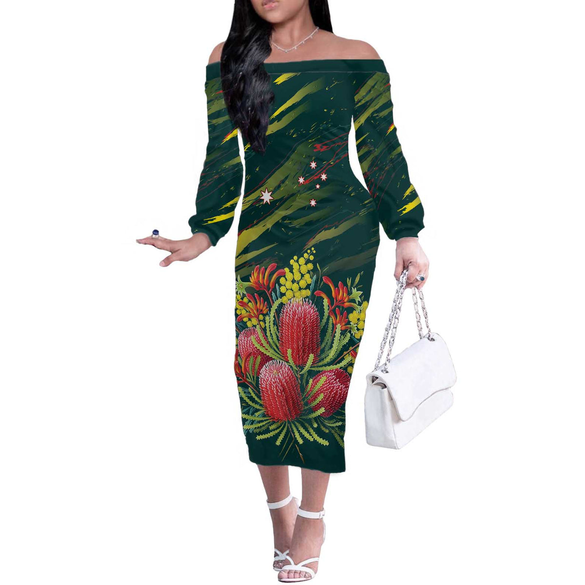 Australian Native Flower Personalised Off The Shoulder Long Sleeve Dress Banksia Nature’s Wild Flame - Aussie Hoodie