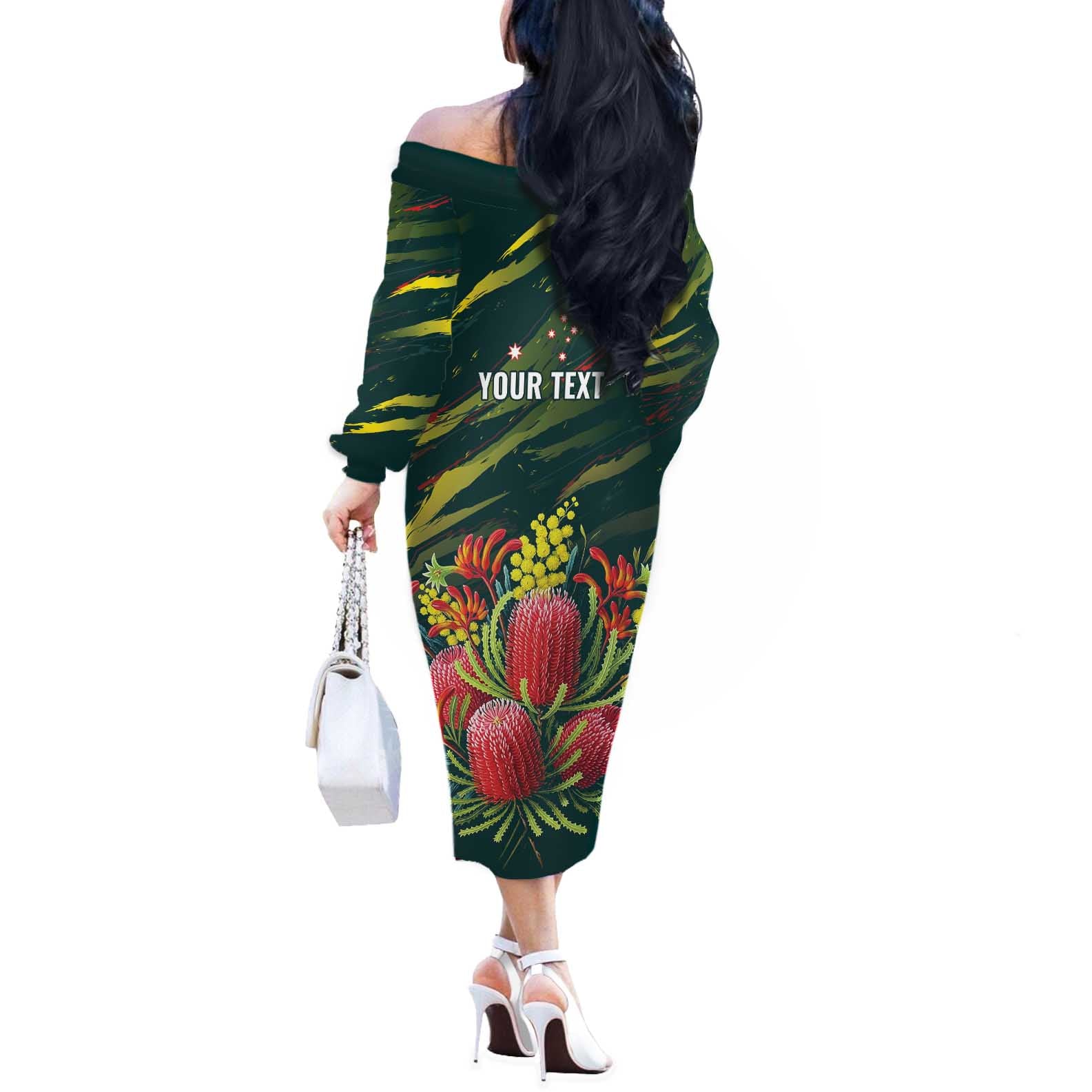 Australian Native Flower Personalised Off The Shoulder Long Sleeve Dress Banksia Nature’s Wild Flame - Aussie Hoodie