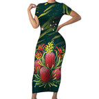 Australian Native Flower Personalised Short Sleeve Bodycon Dress Banksia Nature’s Wild Flame - Aussie Hoodie
