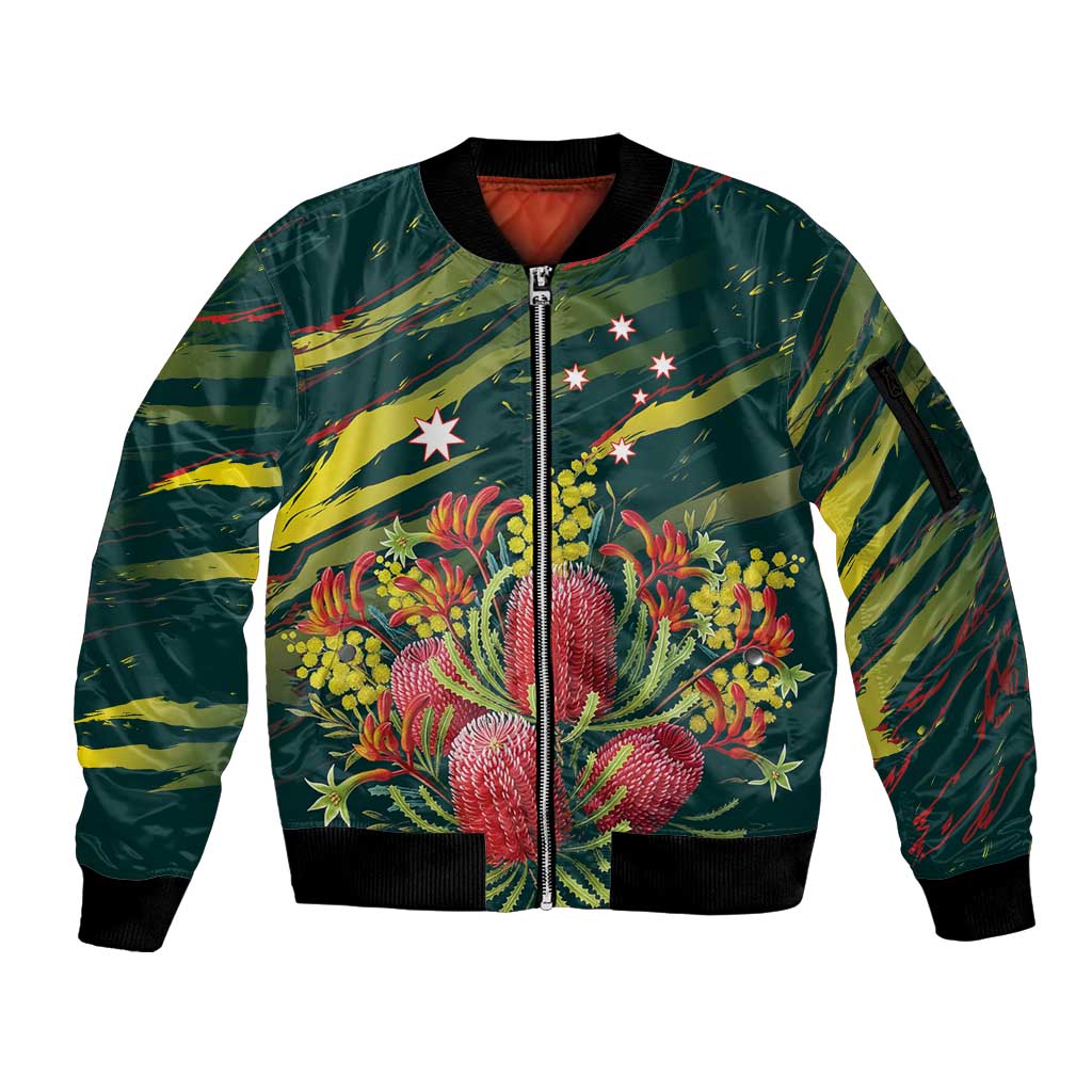 Australian Native Flower Personalised Sleeve Zip Bomber Jacket Banksia Nature’s Wild Flame - Aussie Hoodie