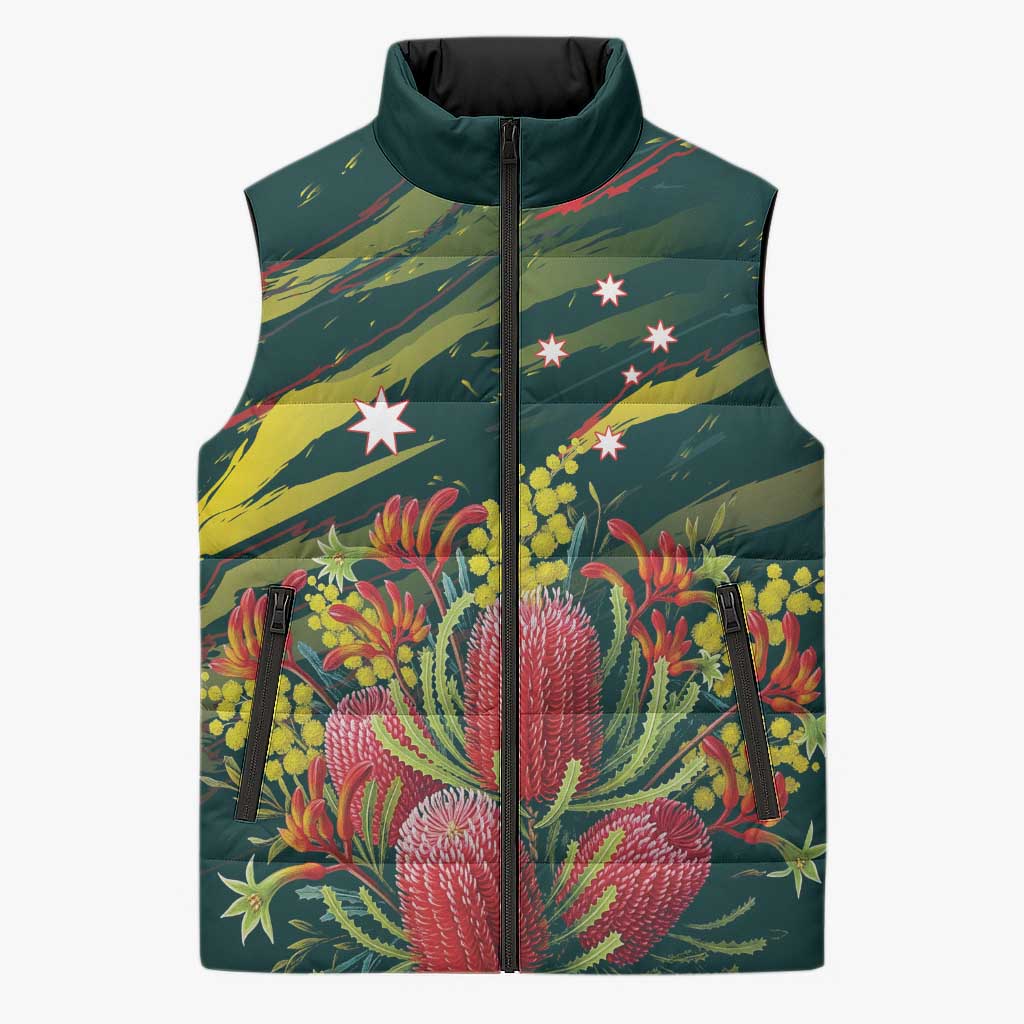 Australian Native Flower Personalised Sleeveless Puffer Jacket Banksia Nature’s Wild Flame - Aussie Hoodie