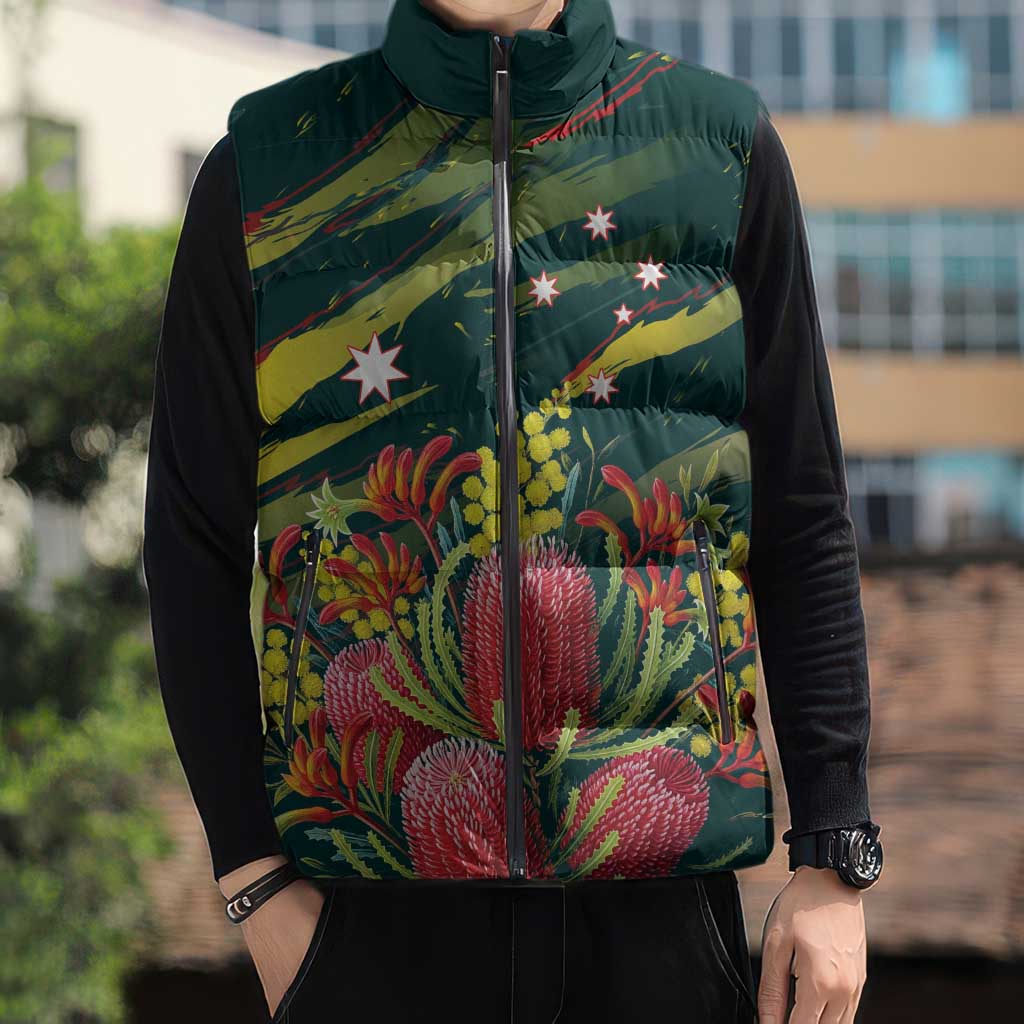 Australian Native Flower Personalised Sleeveless Puffer Jacket Banksia Nature’s Wild Flame - Aussie Hoodie