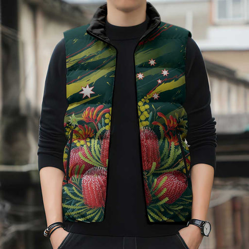 Australian Native Flower Personalised Sleeveless Puffer Jacket Banksia Nature’s Wild Flame - Aussie Hoodie