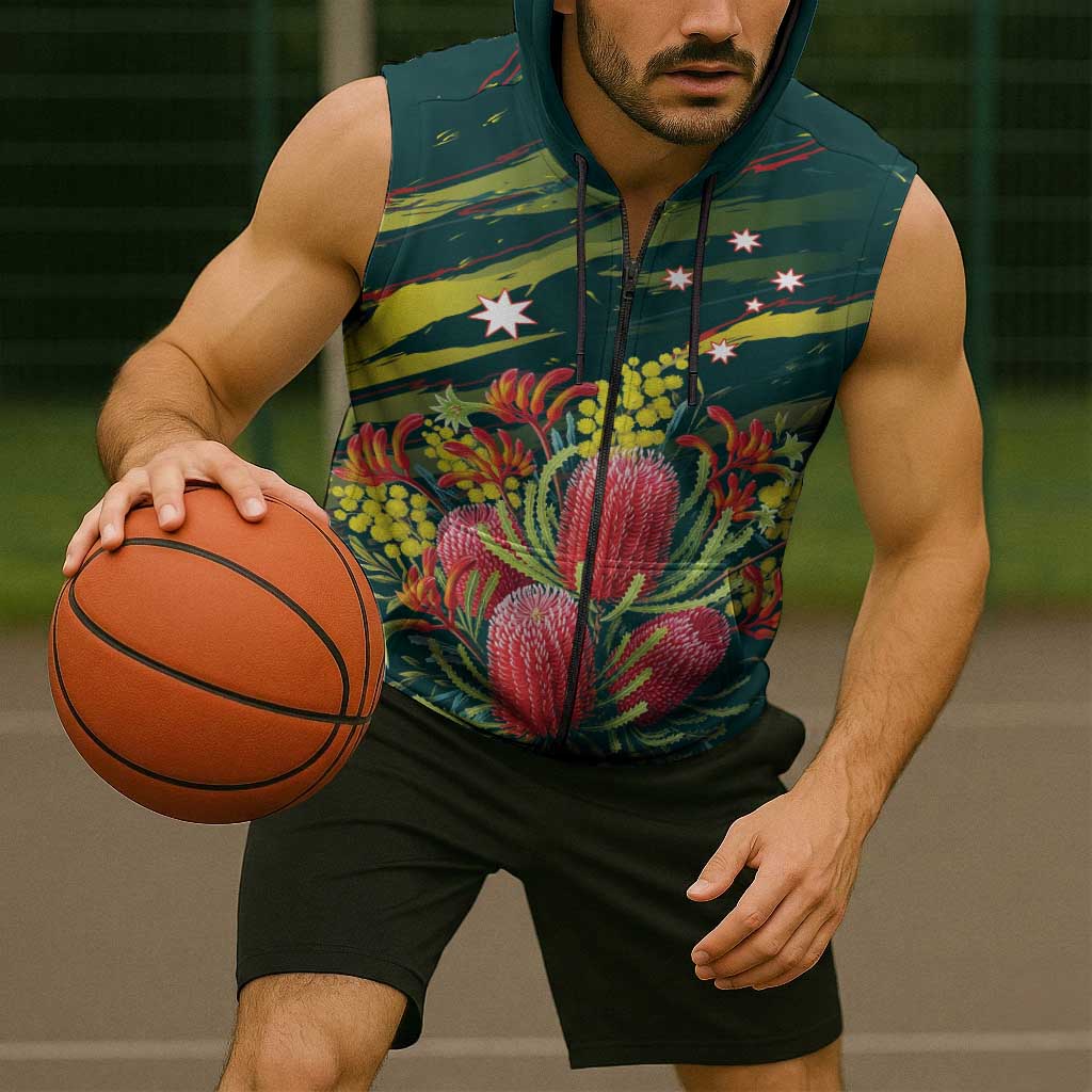 Australian Native Flower Personalised Sleeveless Zip Hoodie Banksia Natures Wild Flame LT9