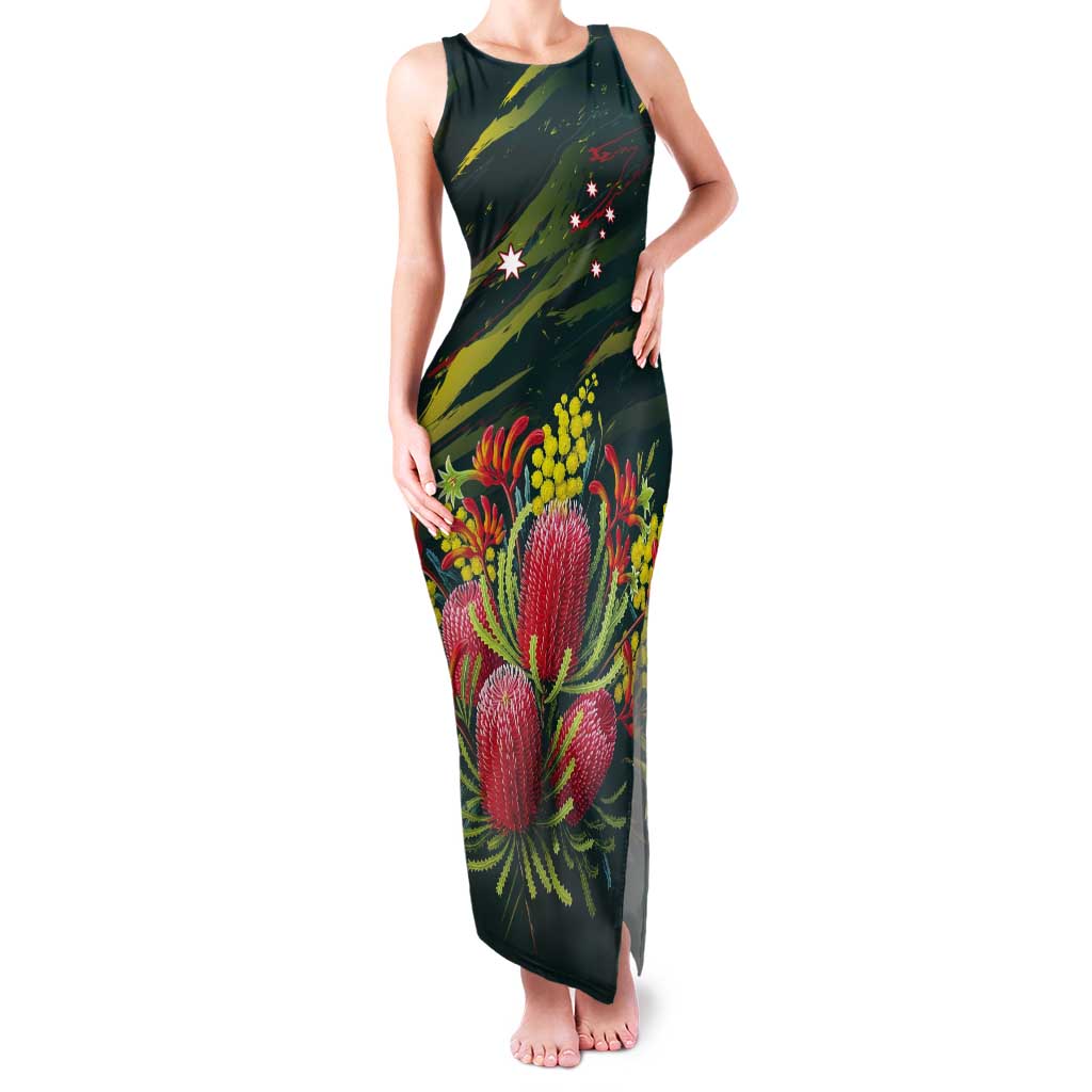 Australian Native Flower Personalised Tank Maxi Dress Banksia Nature’s Wild Flame - Aussie Hoodie