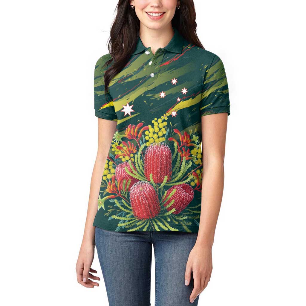 Australian Native Flower Personalised Women Polo Shirt Banksia Nature’s Wild Flame - Aussie Hoodie