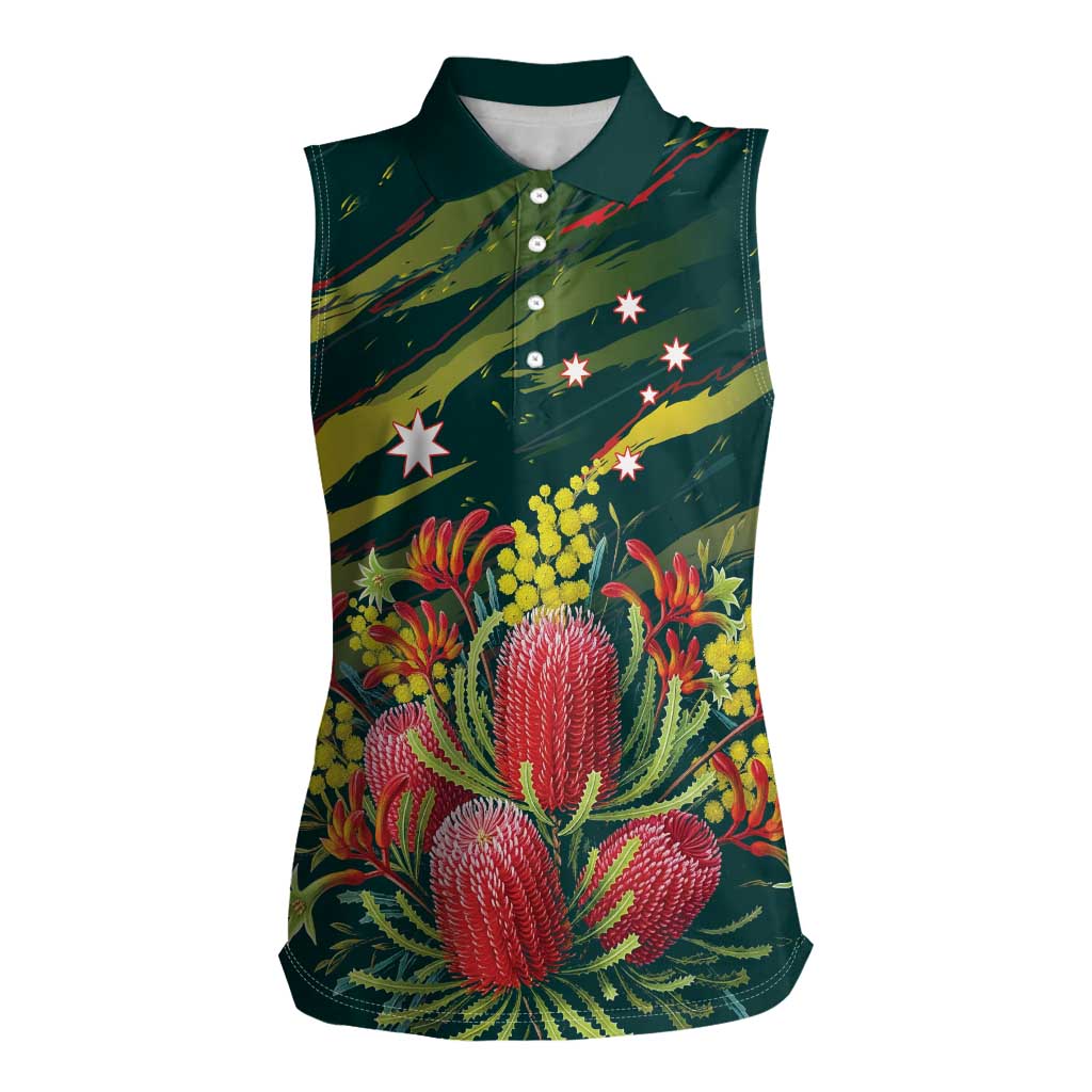 Australian Native Flower Personalised Women Sleeveless Polo Shirt Banksia Nature’s Wild Flame - Aussie Hoodie