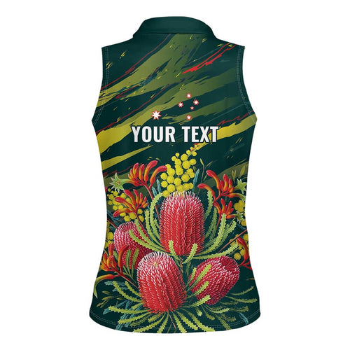 Australian Native Flower Personalised Women Sleeveless Polo Shirt Banksia Nature’s Wild Flame - Aussie Hoodie