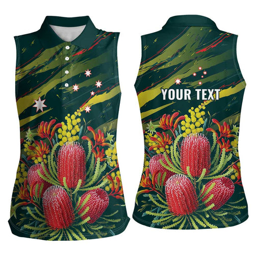 Australian Native Flower Personalised Women Sleeveless Polo Shirt Banksia Nature’s Wild Flame - Aussie Hoodie