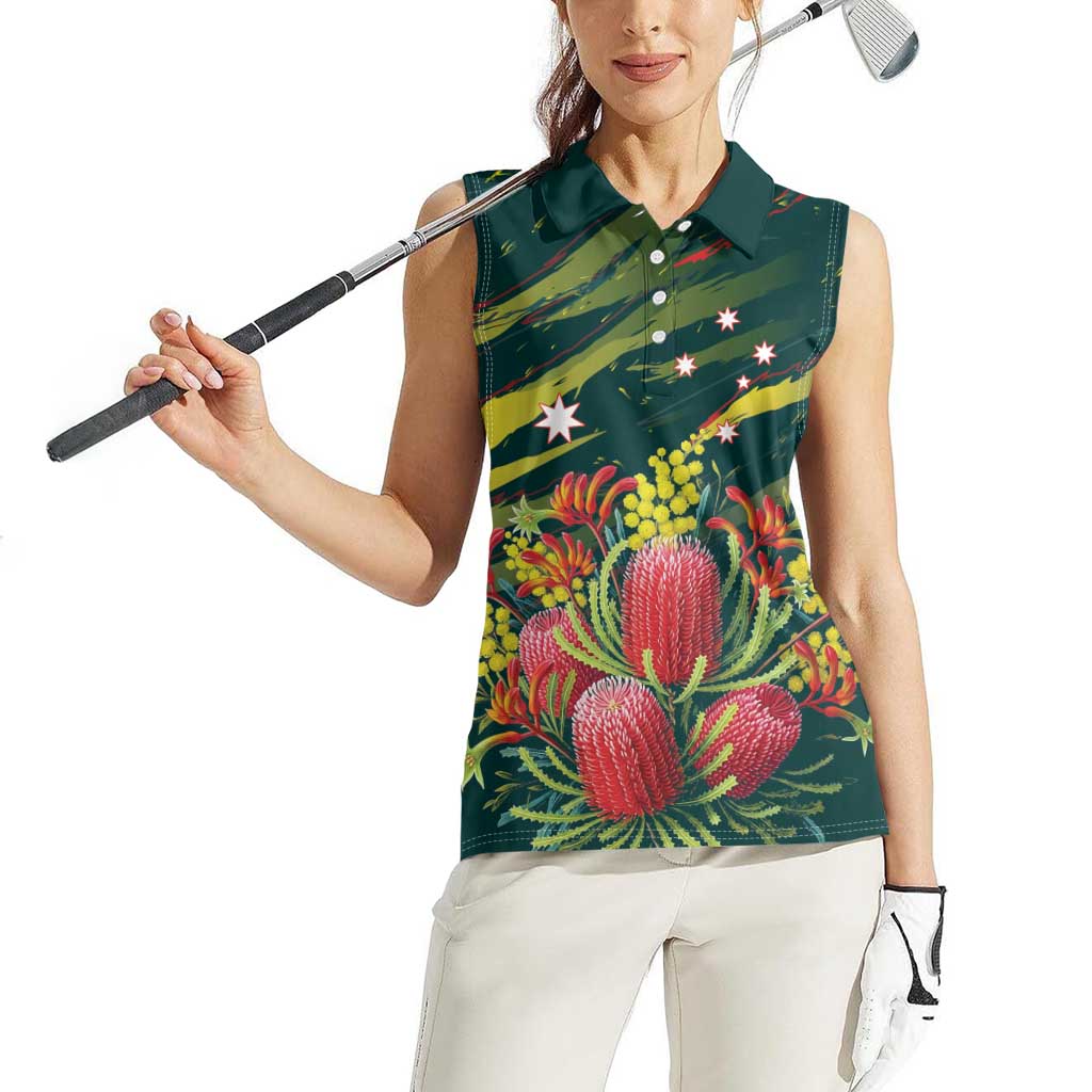 Australian Native Flower Personalised Women Sleeveless Polo Shirt Banksia Nature’s Wild Flame - Aussie Hoodie