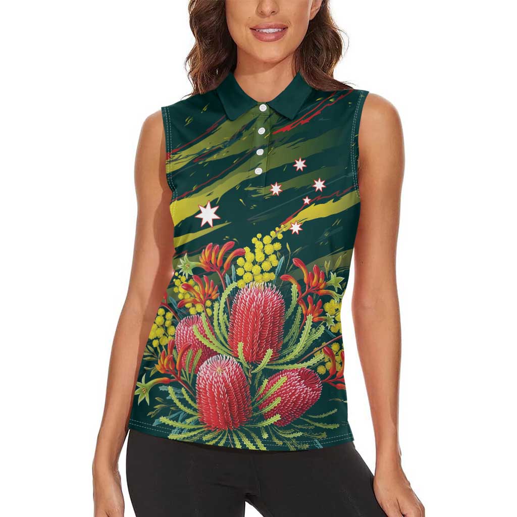 Australian Native Flower Personalised Women Sleeveless Polo Shirt Banksia Nature’s Wild Flame - Aussie Hoodie